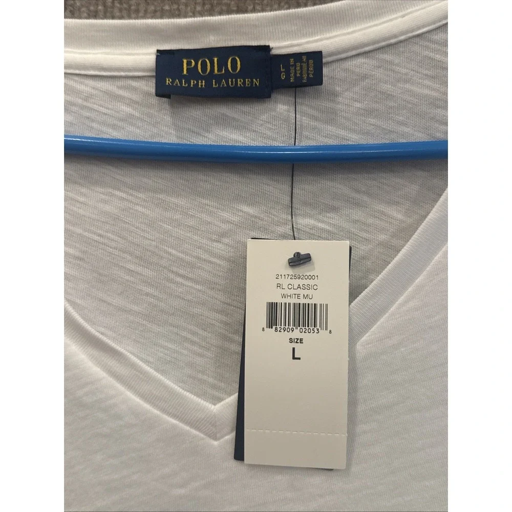 Polo Ralph Lauren T Shirt Mens XL White V Neck Pony Blue Logo Classic Cotton EUC